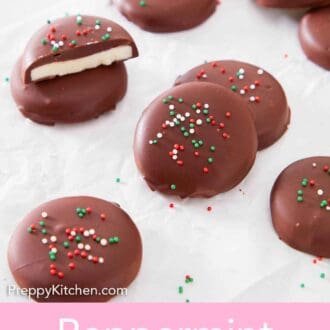 Pinterest graphic of several peppermint pies with green, white, and red round sprinkles on top.