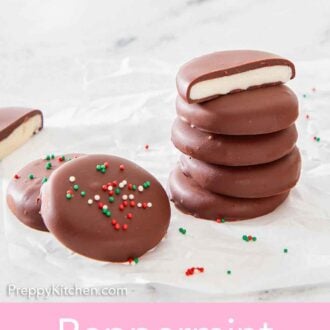 Pinterest graphic of a stack of peppermint patties with two next to them and sprinkles on top.