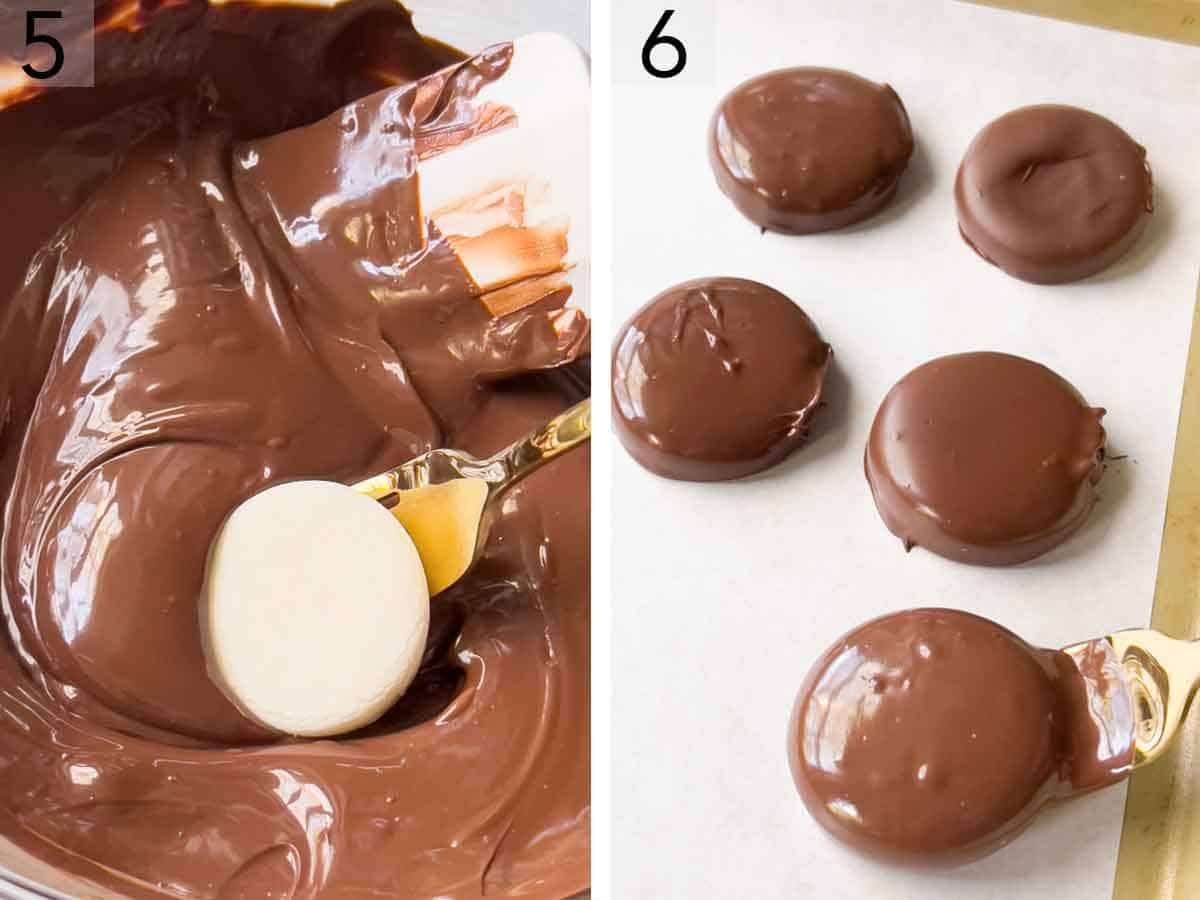 Set of two photos showing rounds dipped in chocolate and set aside on a lined tray.