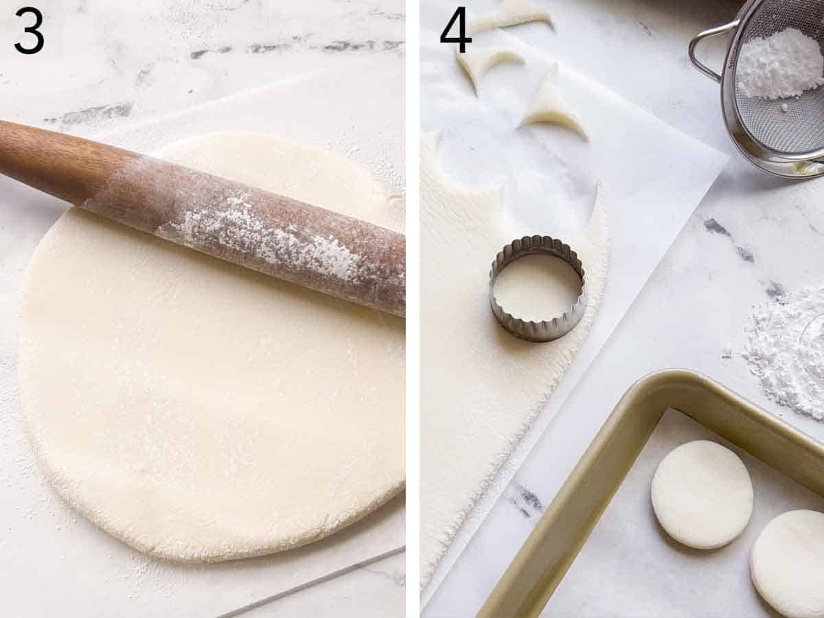 Set of two photos showing the dough rolled and cut into circles.