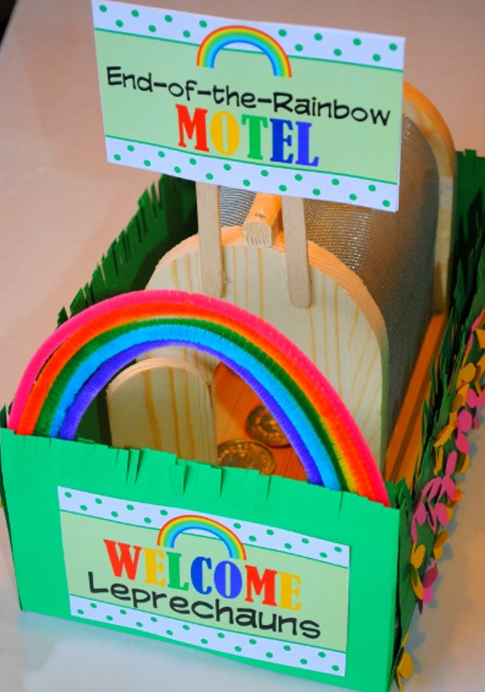 Intricate leprechaun motel made of wood pieces and paint. Idea from Sweet Metel moments