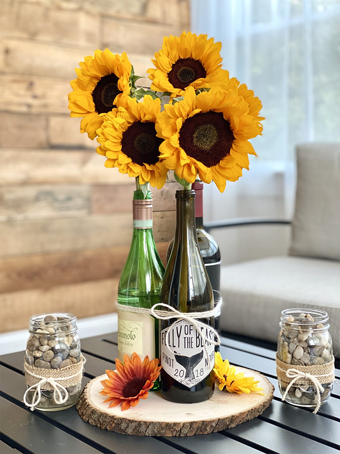 Sunflower bottle art centerpiece reusing wine bottles