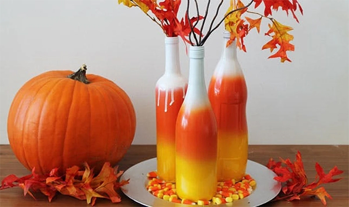 Ombre halloween candy corn wine bottle white orange and yellow bottle crafts