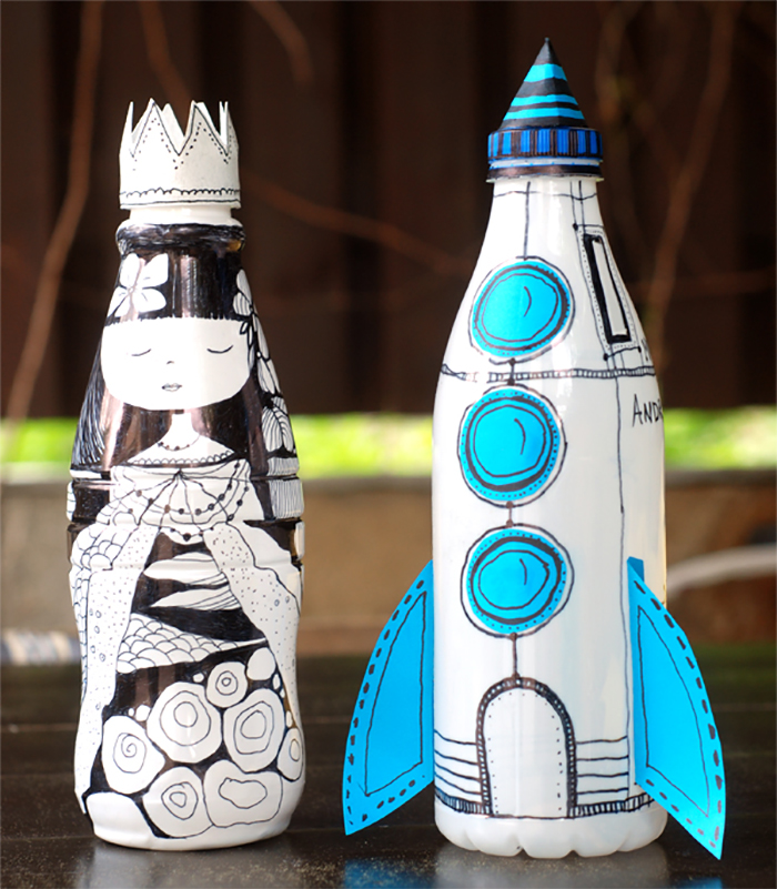 Piggy banks bottle craft look like princess and rocket ship