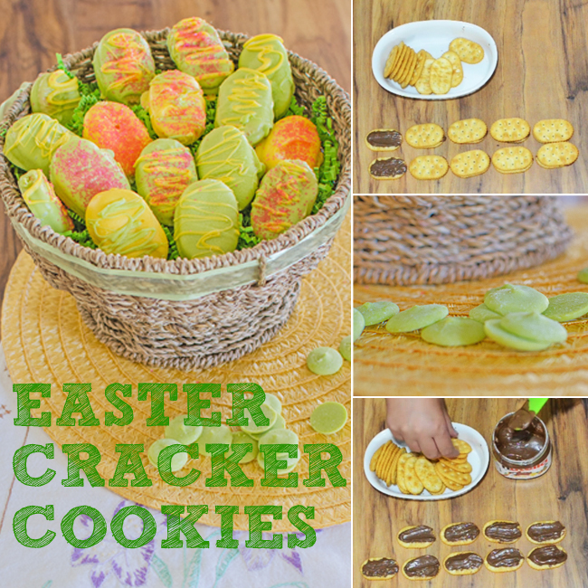 One of the easiest Easter desserts are these Easter cookies.  Green and yellow biscuits in a basket of crackers with Nutella in between, dipped in green and yellow melting chocolate.