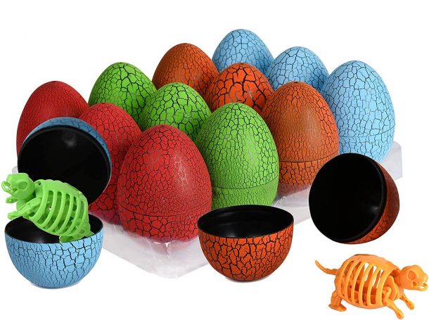 Dinosaur Eggs Easter Eggs - a dozen eggs shown with dinosaur skeletons as plastic egg fillers