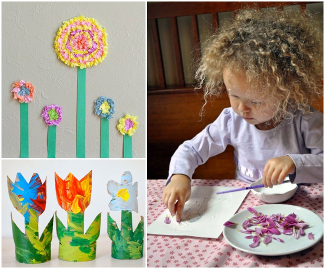3 - 3D flower crafts that kids can make - tissue paper flowers, cardboard tube flowers and flower petals glued to paper