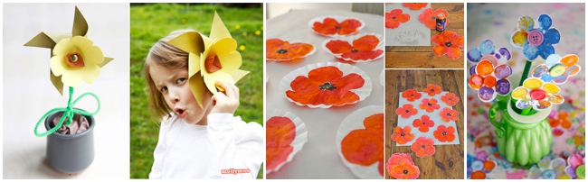 3 easy flower crafts for kids - construction paper pinwheel flower, poppy craft and stamped paper bouquet