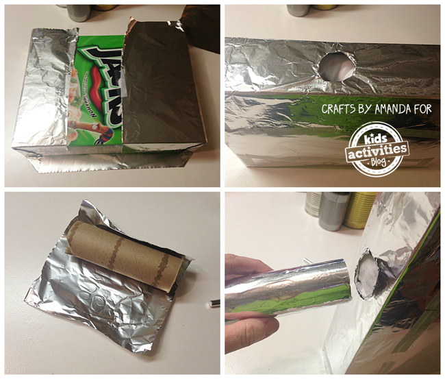 Steps 1-4 - Apple Jack box covered with aluminum foil and punched a hole.  Wrap aluminum foil around a toilet paper roll and insert it into the hole.  How to Make a Robot - Recycled Crafts: Cereal Box Robot