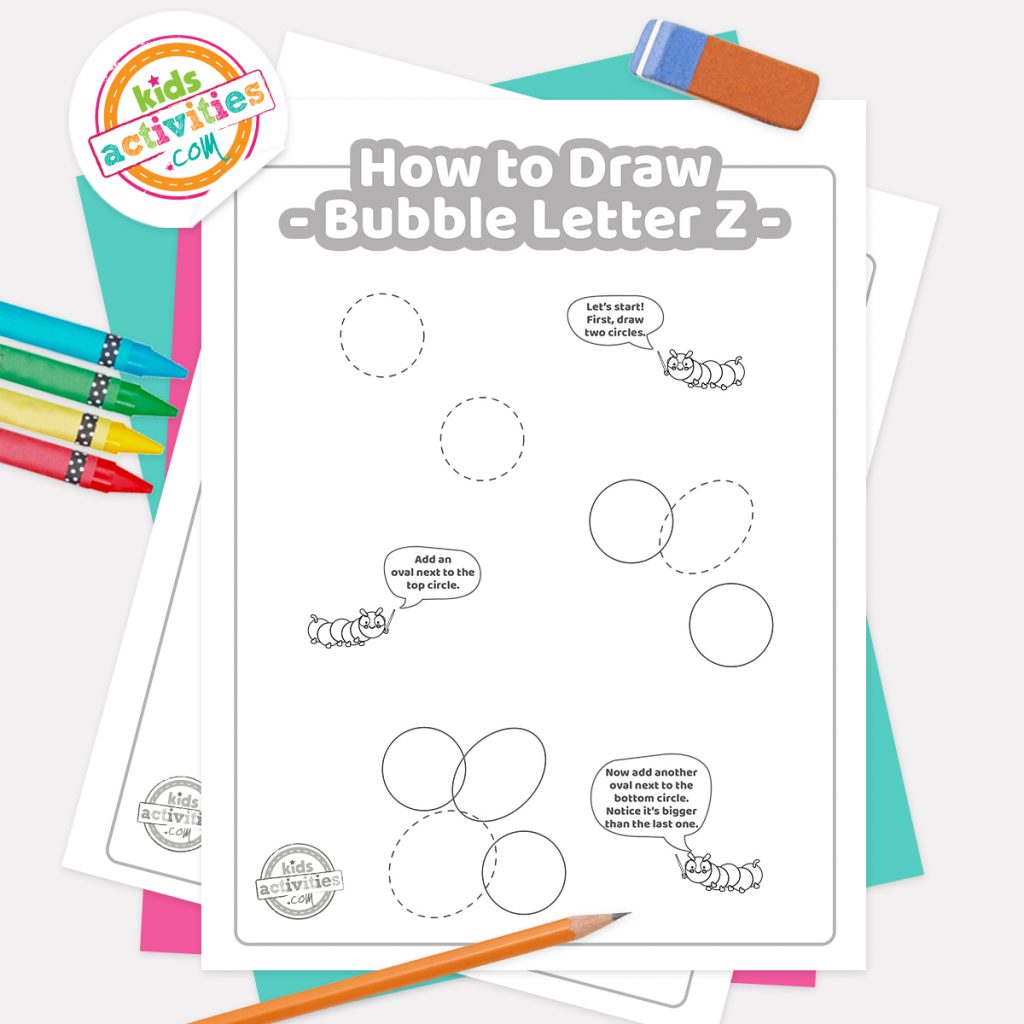 How to Draw Graffiti Bubble Letter Z pdf page one with 1-3 steps alongside eraser, pencil and crayons - Kids Activities Blog