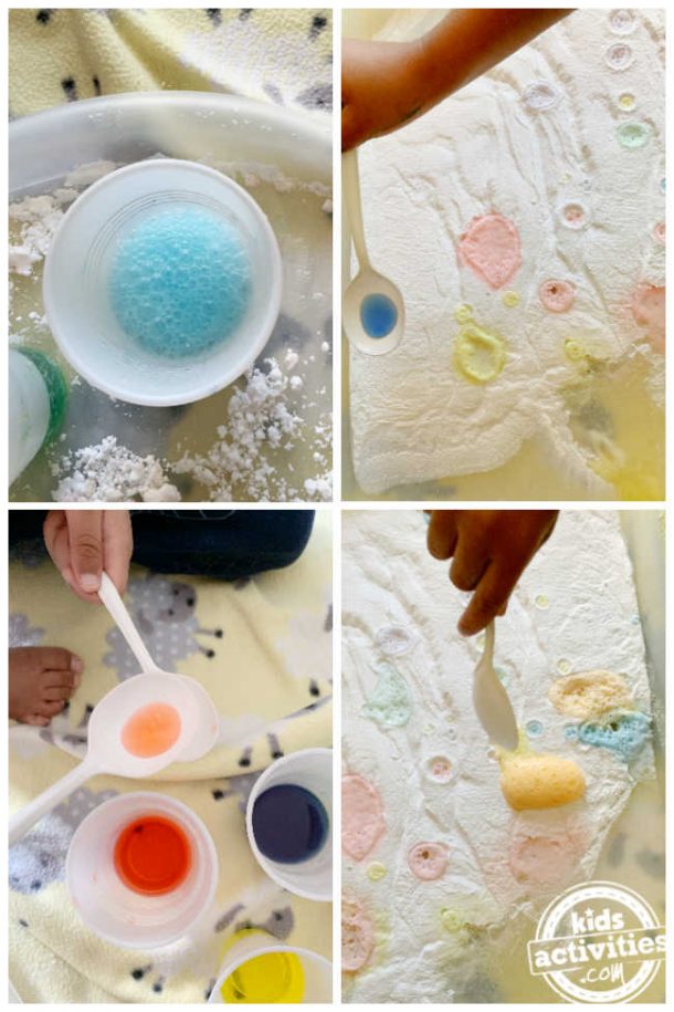 Collage of a toddler playing with baking soda and leftover colorful Easter paint liquid to create volcanoes