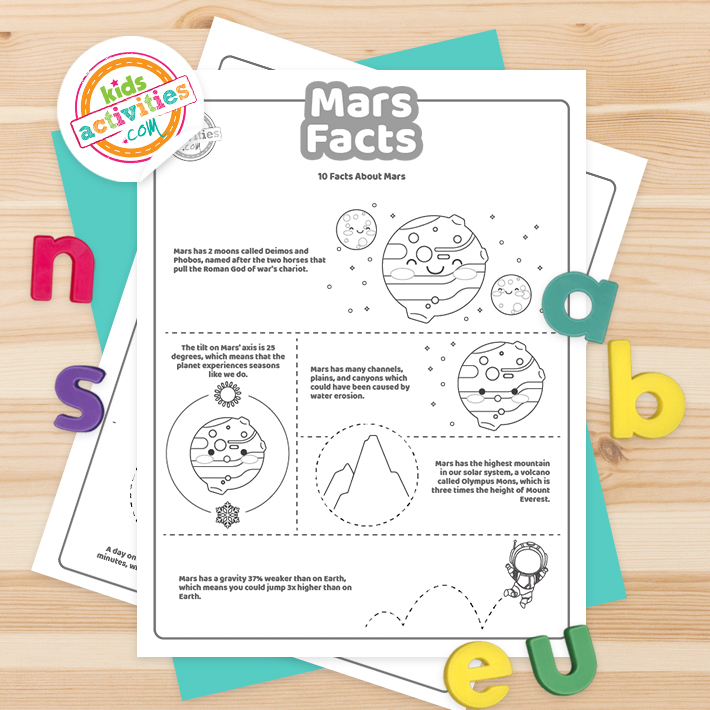 Mars Facts printable pages on a dark background featuring the Kids Activities Blog logo and colorful accessories