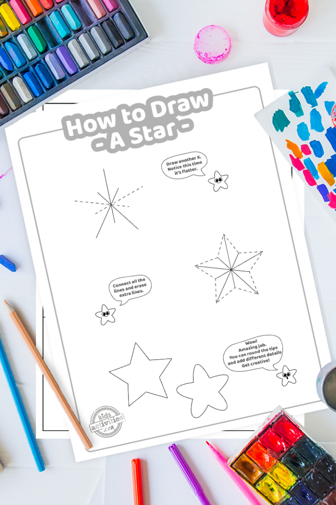Tutorial: How To Draw A Star Printable PDF showing steps 5-7 on a decorative background using paints and pencils