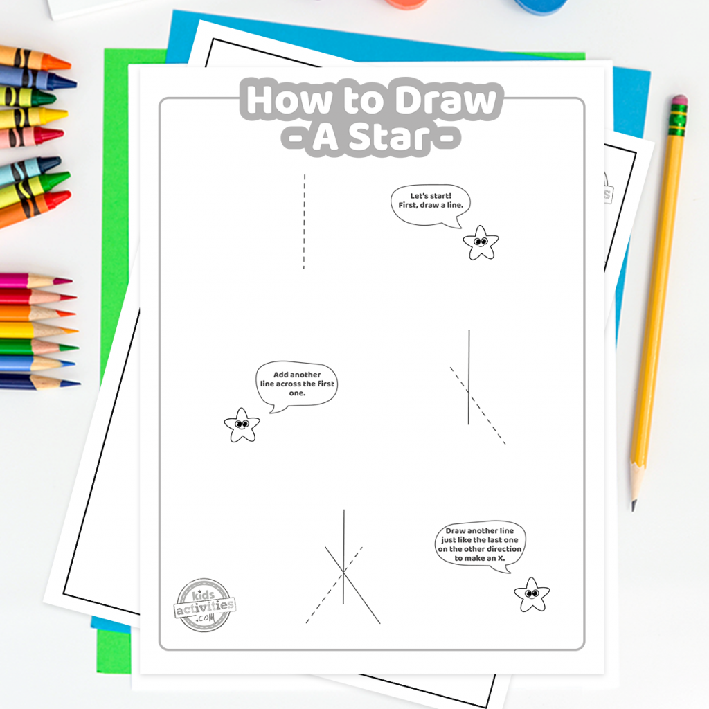 How to draw a star printable tutorial pdf showing easy drawing stars on decorative background with colored pencils and painting steps 1-3 - Kids Activity Blog