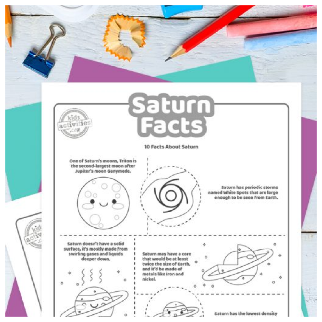 Saturn Facts Printed PDF File Page two in black and white with 5 fun facts for kids about Saturn