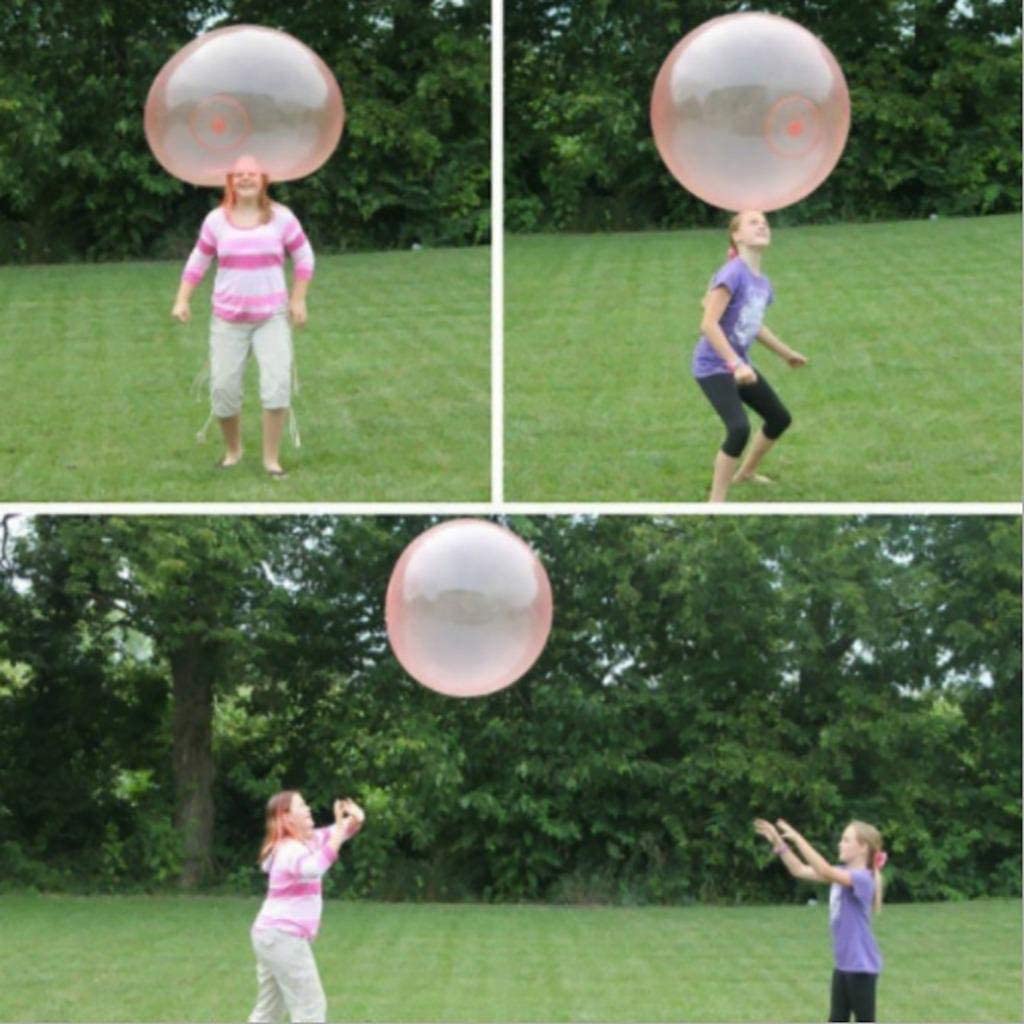 Collage of three bubble ball images featuring children balancing a bubble ball on their heads and throwing it back and forth on the backyard lawn