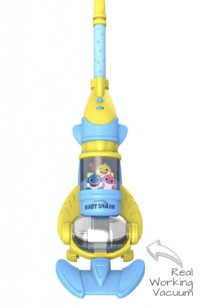 Baby shark suction vacuum toy with background text: Real working Vacuum - Kids Activities Blog