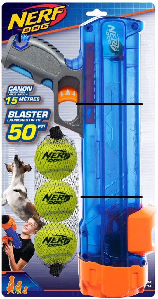 Nerf Dog- Nerf Ball Blaster Pack with blue and orange gun and 3 yellow nerf balls in black mesh