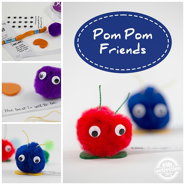 Pom Pom Critters Supply List and Steps 1-3 and Ready Pom Pom Critters Craft Using Red and Blue Pom Poms - Kids Activity Blog
