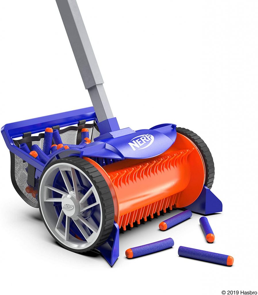 A closeup of the blue and orange Nerf vacuum cleaner cleaning Nerf darts that go into the back basket.