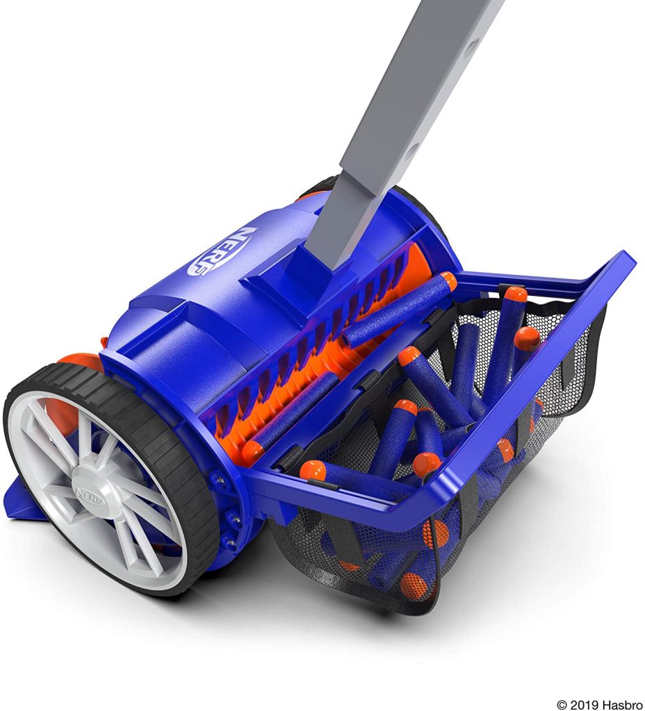 The blue and orange Nerf vacuum as a basket on the back where it holds all the Nerf darts.