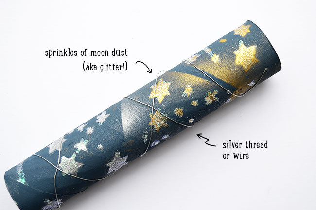 Step 2 - Kids Telescope Craft - Text: Moondust (aka glitter) sprinkles and silver thread or wire - Painted cardboard tube on white background