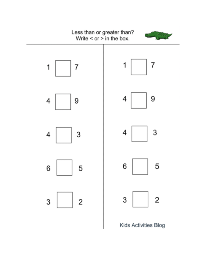 African Animals Worksheet - less than more than with numbers, boxes and crocodile