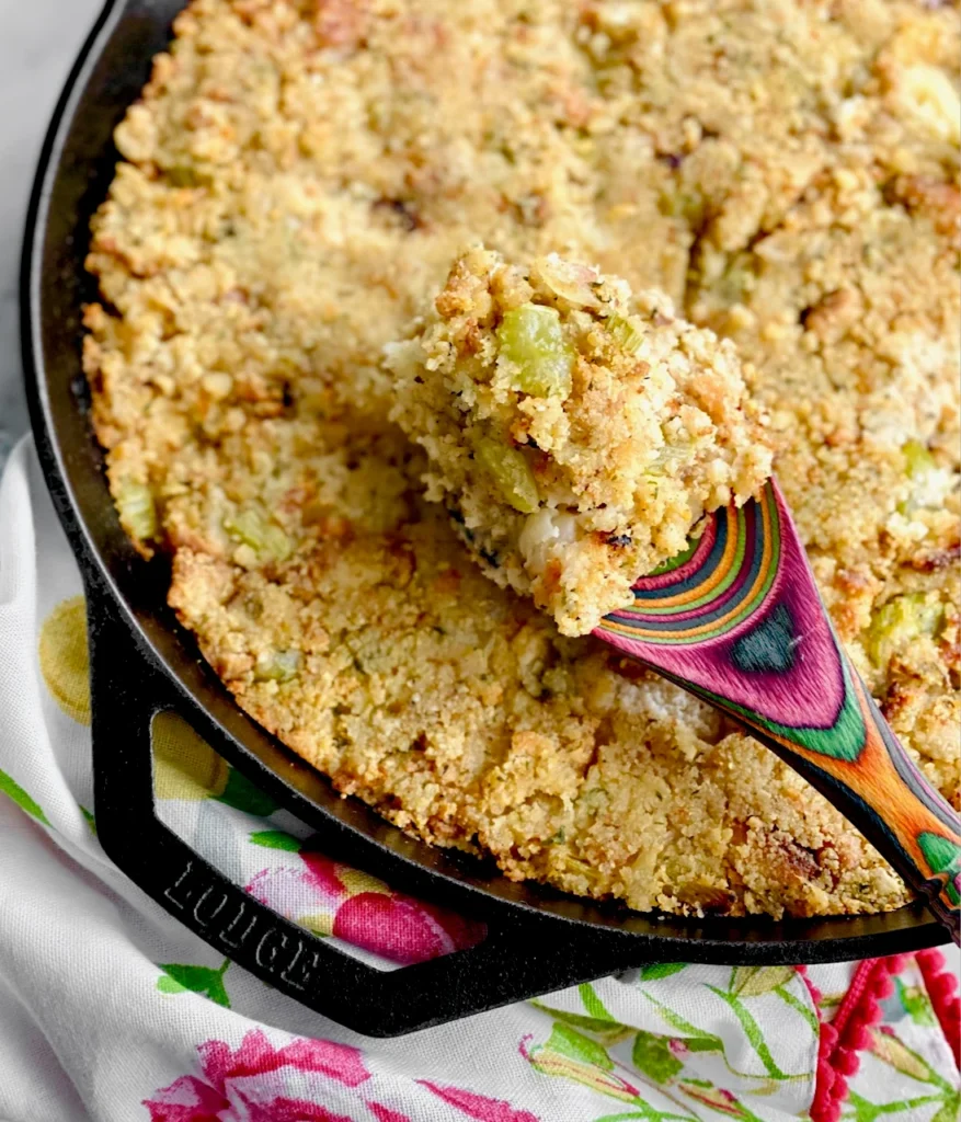 southern cornbread stuffing in a cast iron skillet