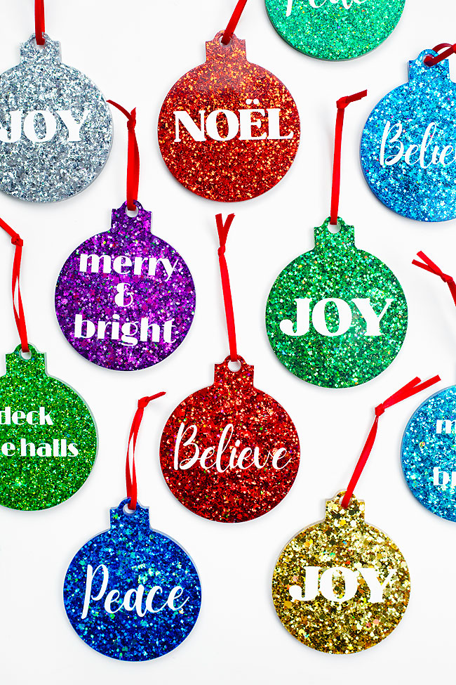 Holiday messages on personalized resin Christmas ornaments