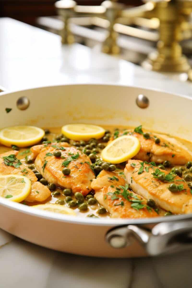 Homemade Chicken Piccata, beautifully plated with a lemon slice garnish, showcasing the tender chicken cutlets enveloped in a creamy, lemon-caper sauce.