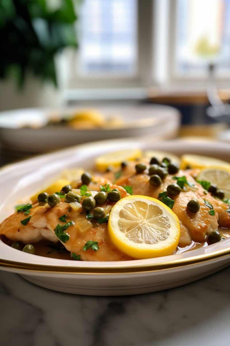 Close-up of Chicken Piccata served on a white plate, highlighting the tender, pan-fried chicken in a tangy lemon and butter sauce with scattered capers.