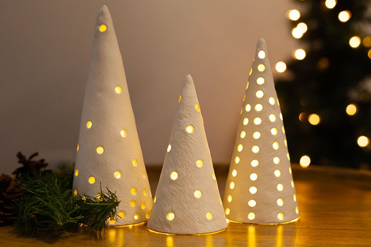 Christmas tree luminaries made with air dry clay