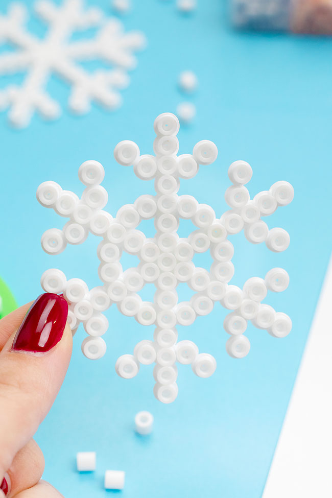 Closeup of a Perler snowflake