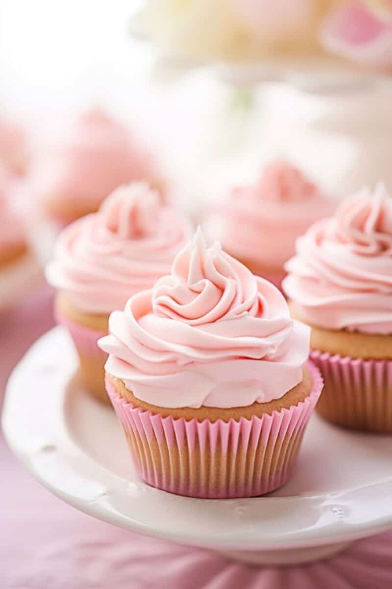 Pink Buttercream Cupcakes with smooth, vibrant pink frosting on top, arranged neatly, ready to be enjoyed.