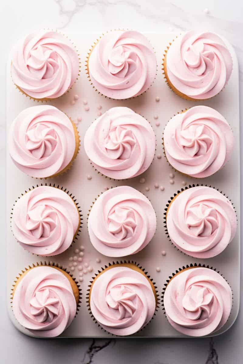 Top view of a baking tray filled with freshly baked Pink Buttercream Cupcakes, each topped with a swirl of pink frosting, neatly arranged and ready to be served.