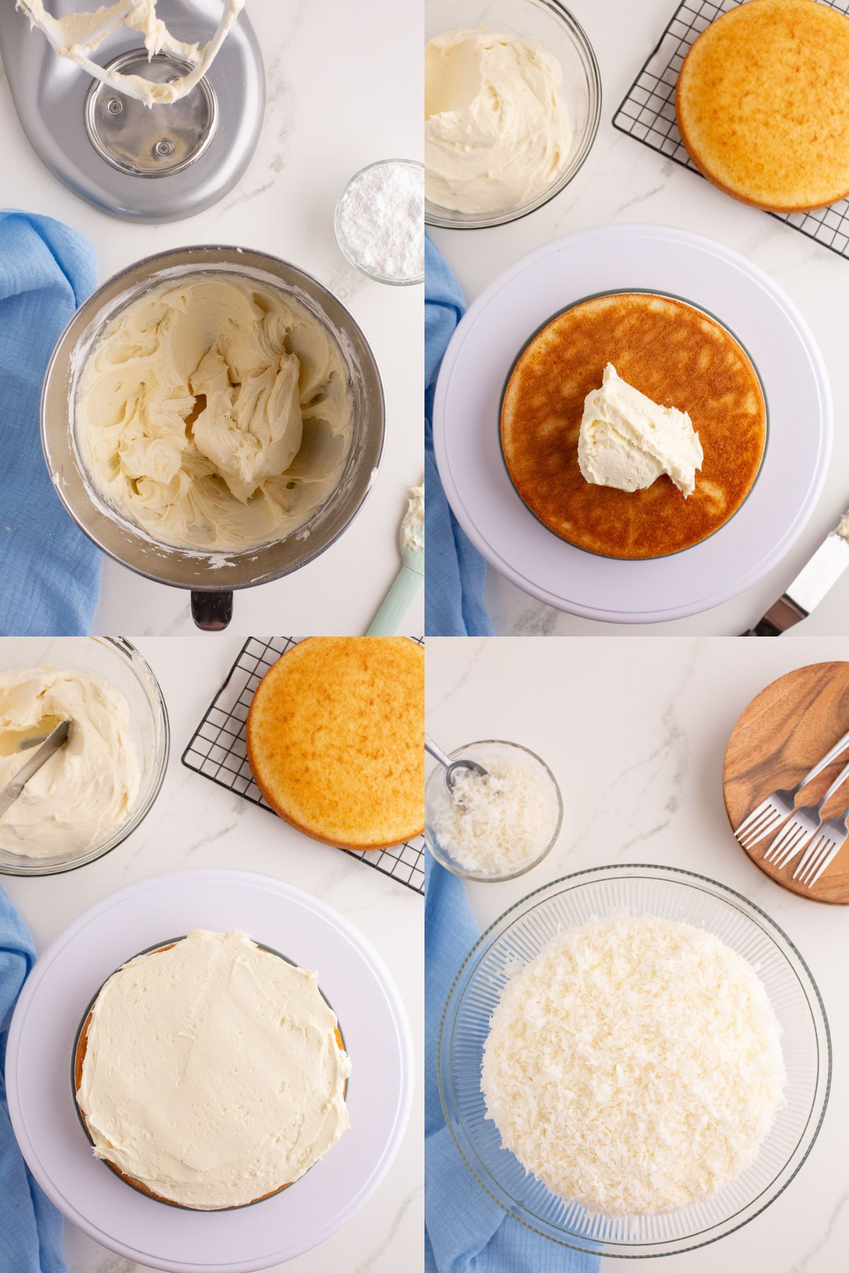 Final images for making the frosting and how to frost the cake and decorate it with coconut.