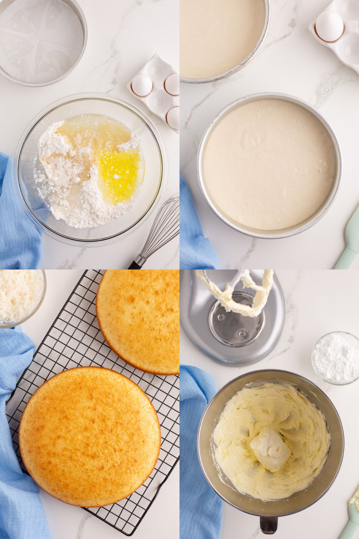 Step by step images for how to make the cake batter and the starting step of making the icing. 