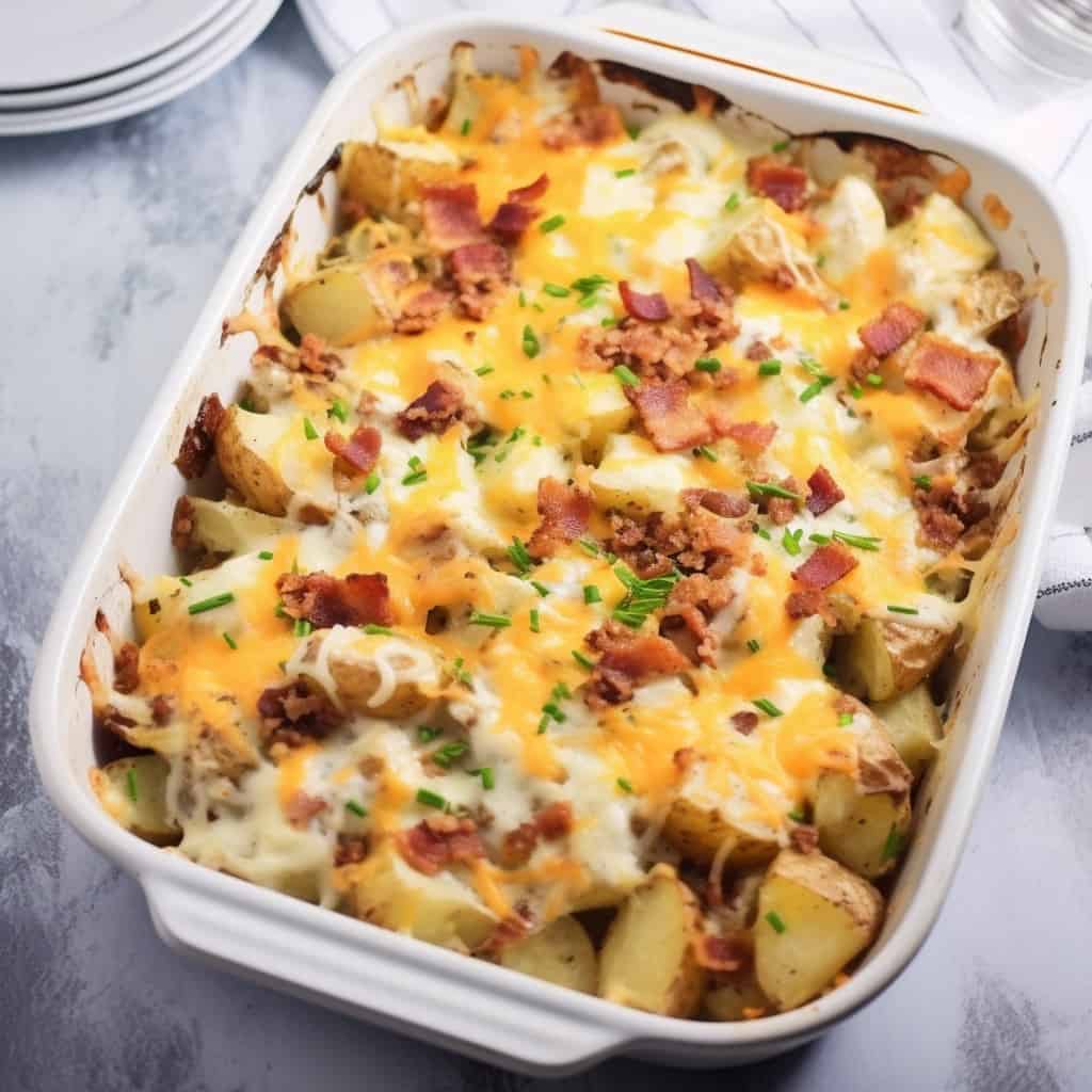 A mouthwatering dish of Cheesy Bacon Ranch Potatoes, featuring golden-brown roasted potato cubes generously topped with melted cheddar cheese, crumbled crispy bacon, and a sprinkle of fresh parsley, served in a baking dish.