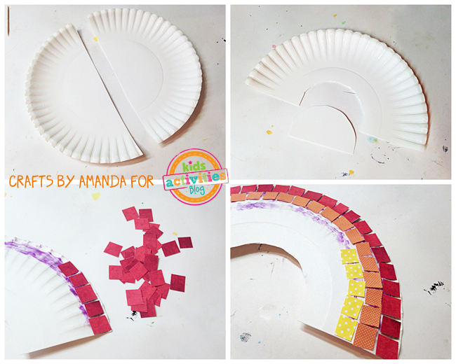 Collage images of the four steps to making the rainbow mosaic craft using paper plates, scrapbook and colorful paper squares and glue