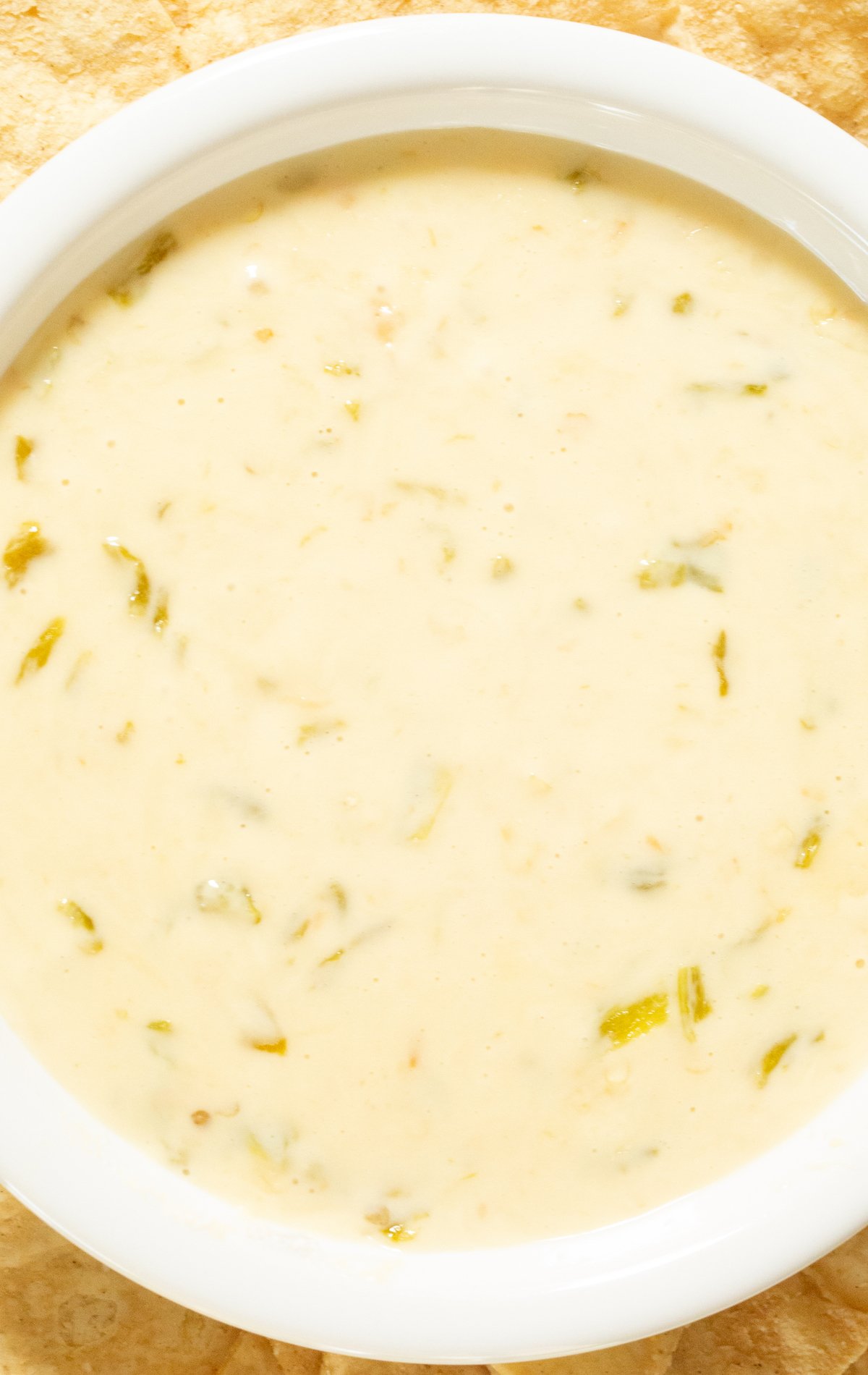 A white bowl filled with a light colored hatch queso that has visible chopped hatch green chiles throughout.